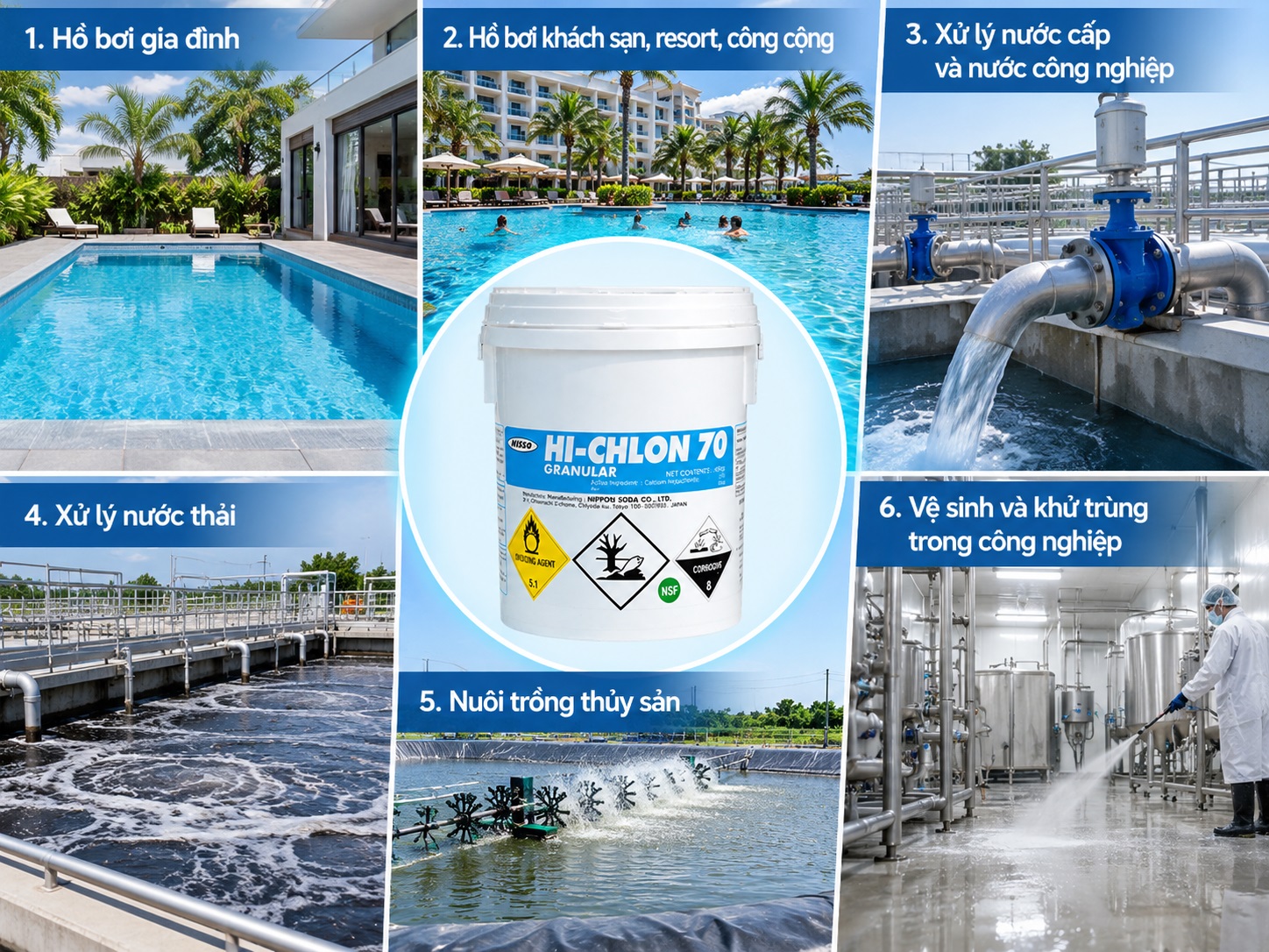 Chlorine Nippon 70% được sử dụng trong nhiều hệ thống xử lý nước.
