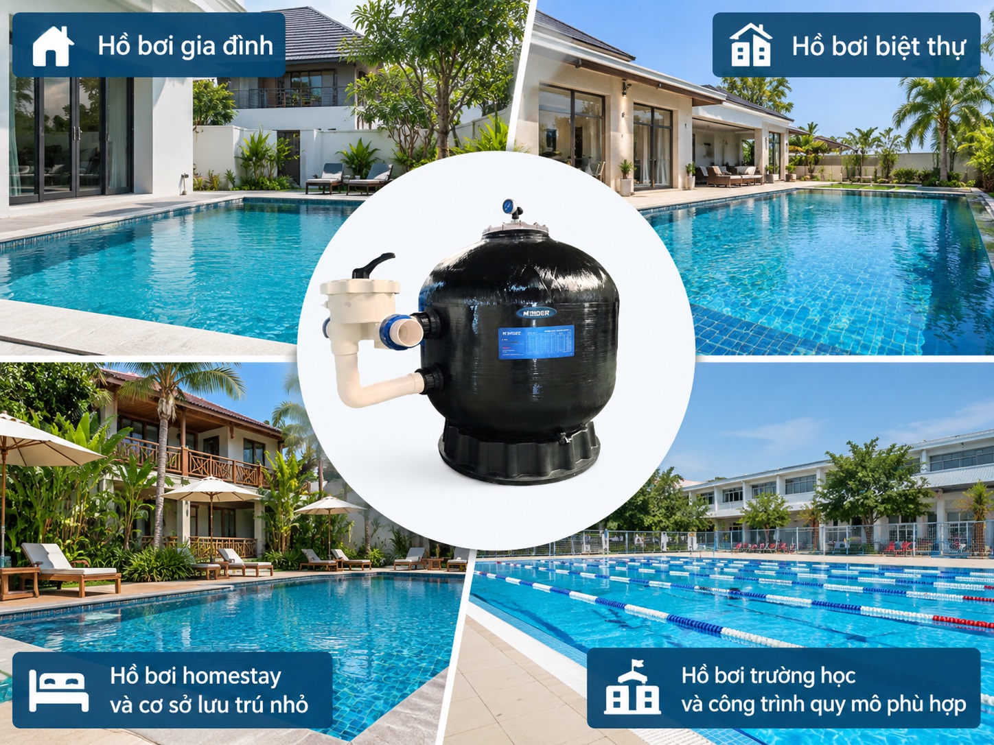 Máy bơm hồ bơi Minder MS series được sử dụng trong nhiều hệ thống lọc nước.