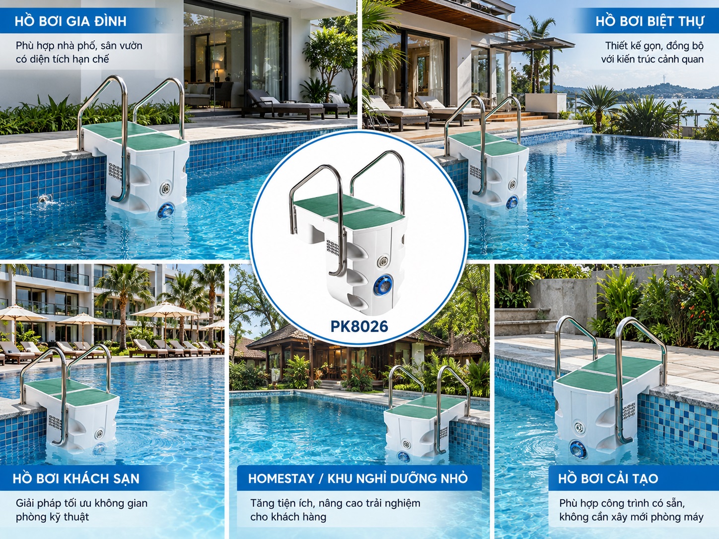 Máy lọc nước hồ bơi thông minh PK8026 được sử dụng trong nhiều hệ thống lọc nước.